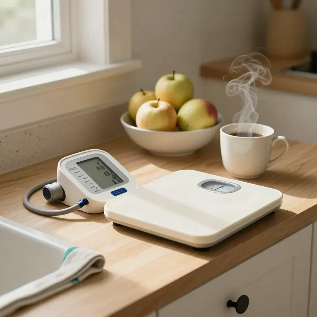 Angolo cucina con misuratore di pressione, bilancia analogica, frutta e tazza, luce calda naturale.