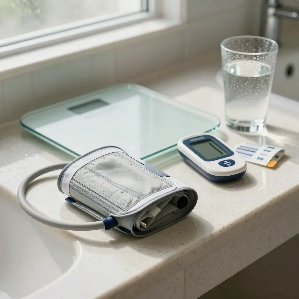 Misuratore di pressione, bilancia smart, glucometro e bicchiere d’acqua su travertino.