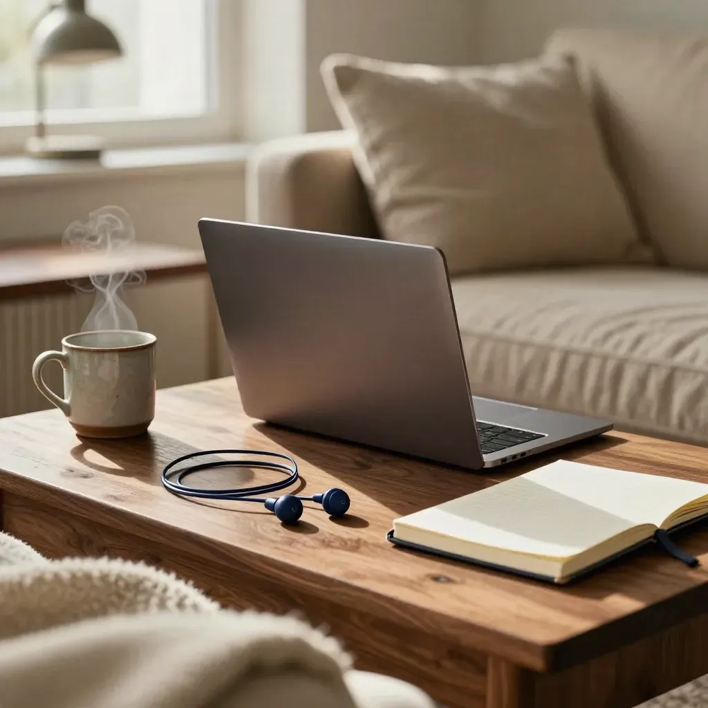 Postazione per teleconsulti con laptop chiuso, auricolari, tazza e blocco su tavolino caldo.