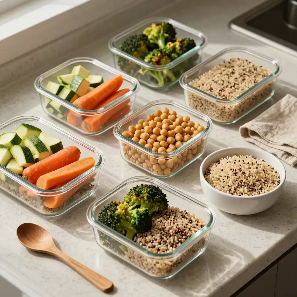 Vaschette meal prep con verdure, cereali e ciotole di ceramica su piano chiaro.