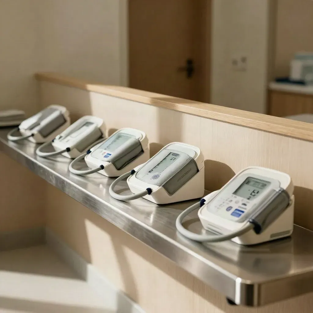 Tre misuratori di pressione su una mensola clinica, con le cuffie ripiegate e luce morbida.