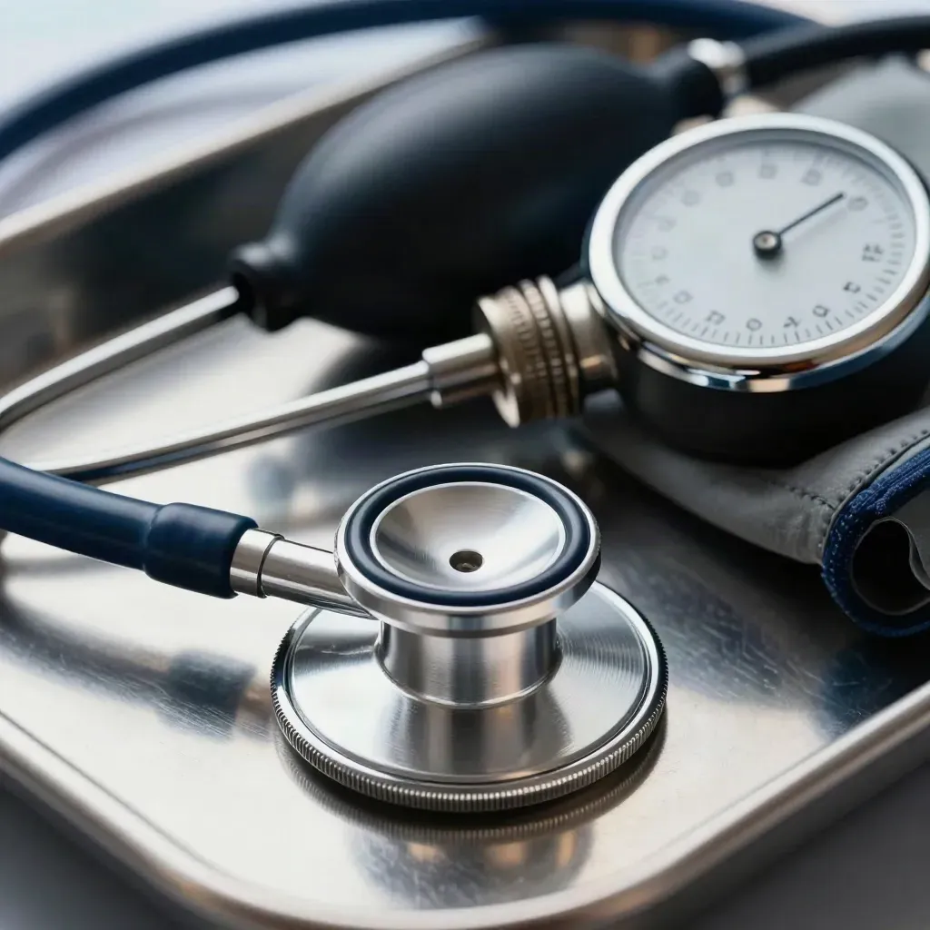 Stetoscopio, sfigmomanometro e otoscopio su acciaio, in macro clinico freddo.