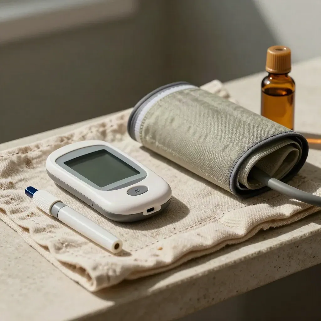 Kit per cronici con glucometro, manicotto pressione e flacone ambrato su lino neutro.
