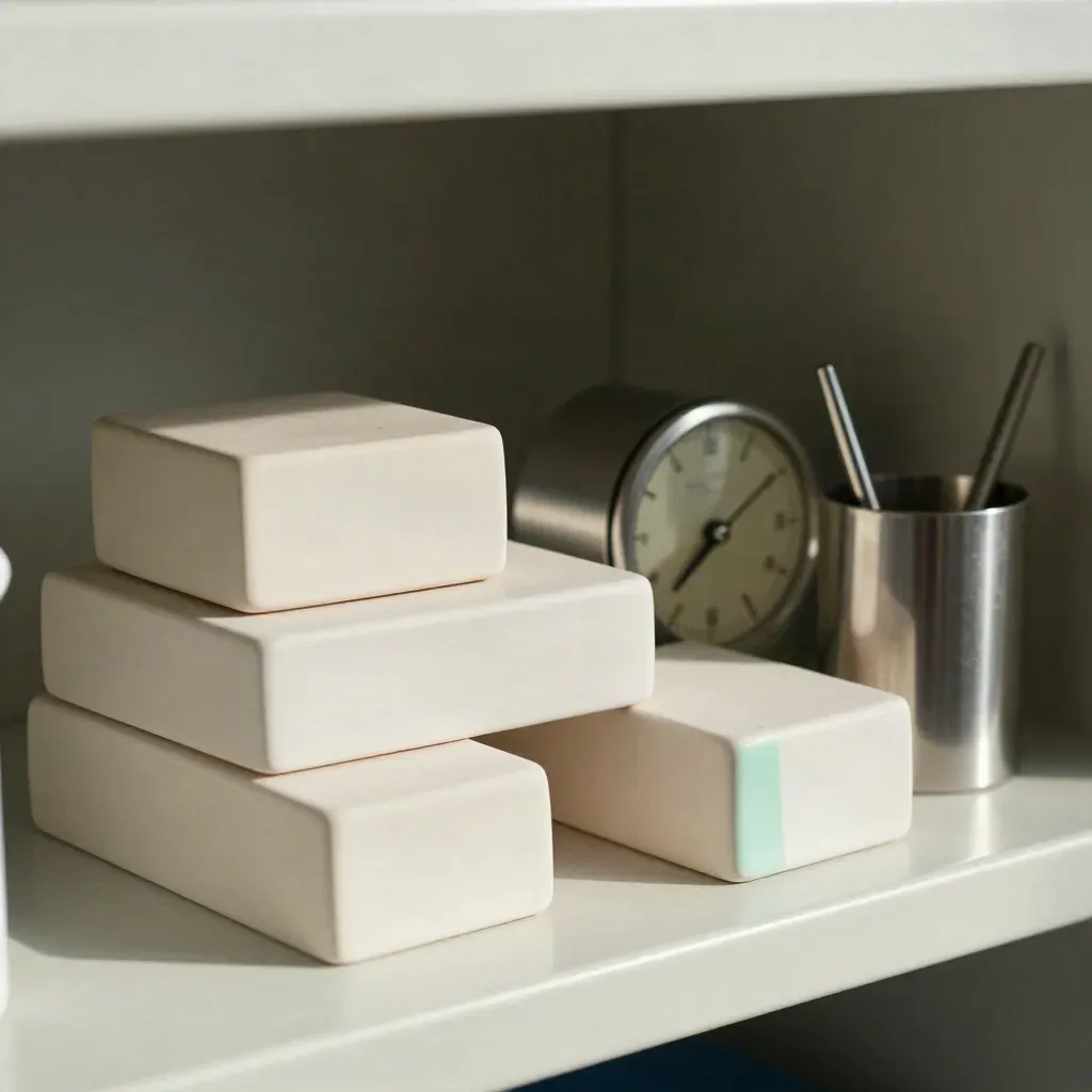Mensola clinica con moduli in ceramica, timer analogico e portapenne metallico