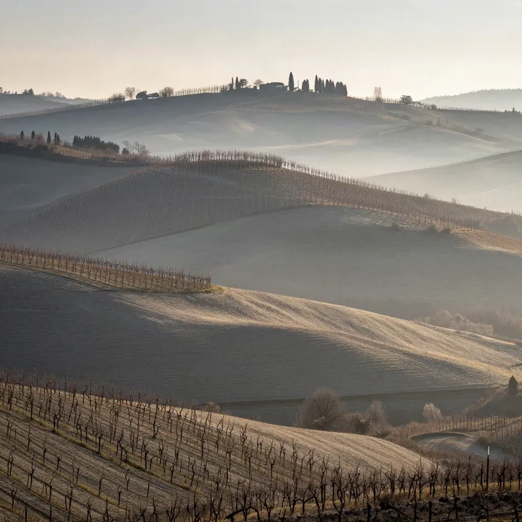 Colline delle Langhe all’alba con vigneti, nebbia bassa e luce miele.