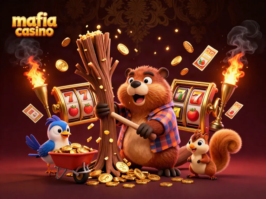 Mafia Casino illustrated scene with characters collecting coins and dynamic casino elements surrounding them.